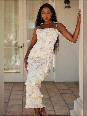 V. Chapman light yellow Floral Ruffled Maxi Dress worn once